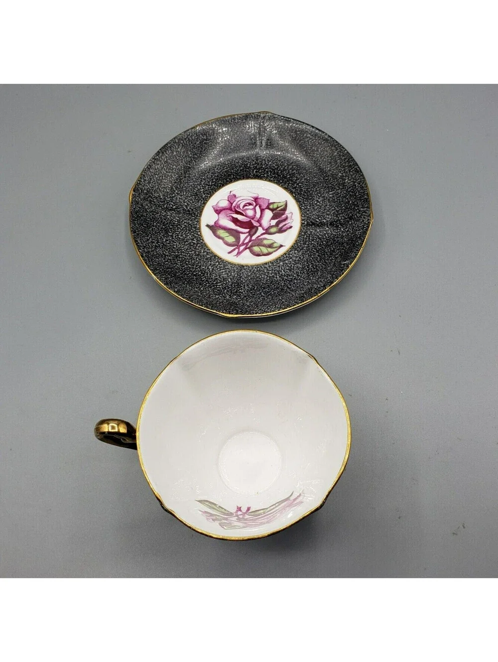 Vintage Roslyn Teacup & Saucer Fine Bone China Black Pink Tea Rose Elegant